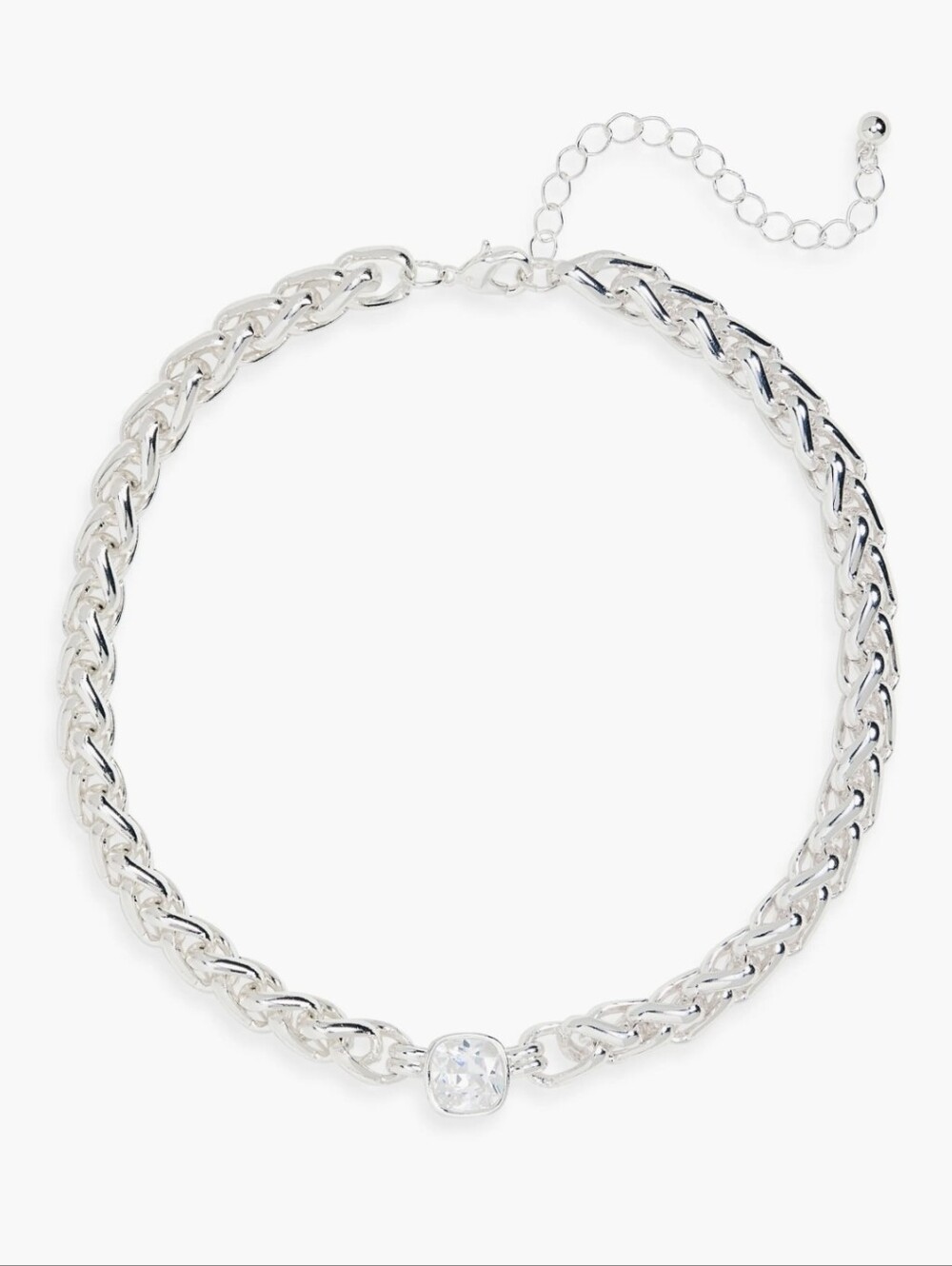 Silver Tone Braided Chain Necklace with Clear Stone/BNWT